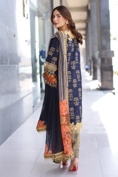 Back view of yellow and navy printed lawn kameez with embroidery – Charizma Summer Lawn 2025 CC5-28