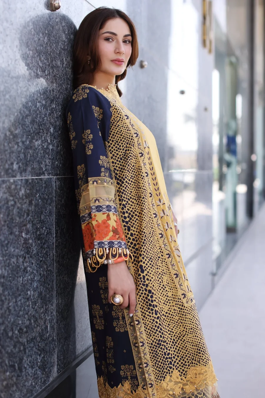 Combination Lawn CC5-28 | Yellow & Navy 3-Piece Embroidered Lawn Suit with Chiffon Dupatta