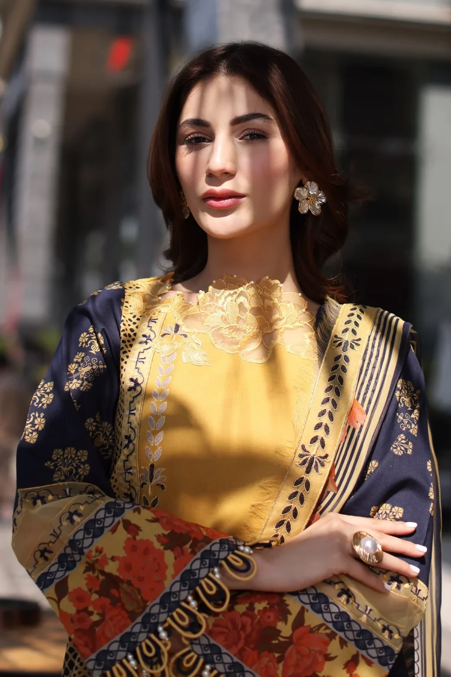 Combination Lawn CC5-28 | Yellow & Navy 3-Piece Embroidered Lawn Suit with Chiffon Dupatta