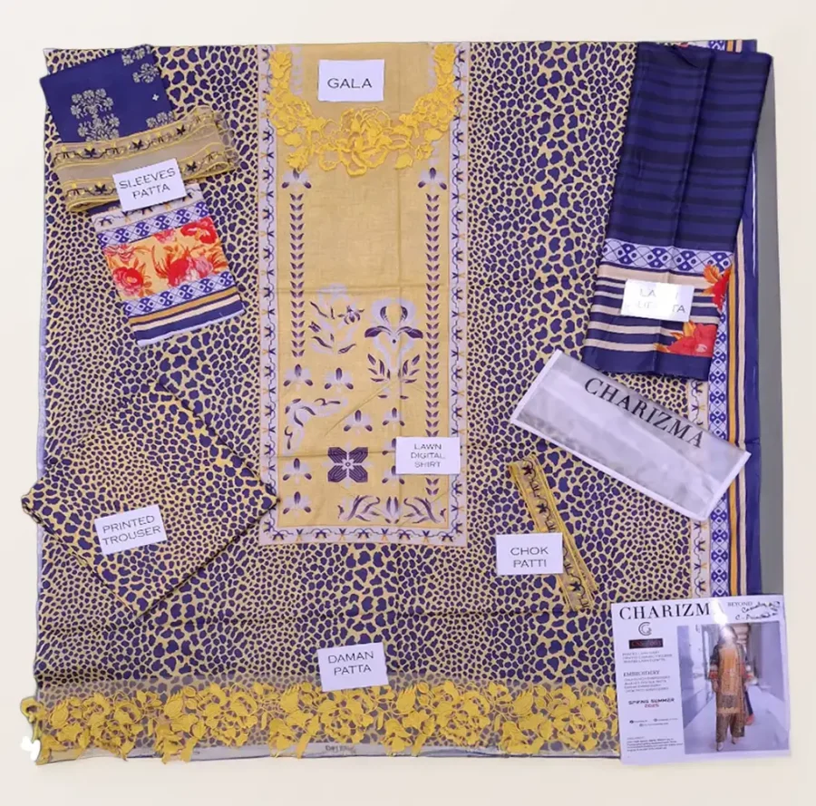 Combination Lawn CC5-28 | Yellow & Navy 3-Piece Embroidered Lawn Suit with Chiffon Dupatta