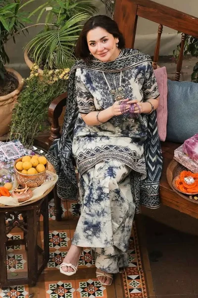 Printed cotton trouser in Sapphire Luxury Lawn D-210 embroidered 3-piece suit
