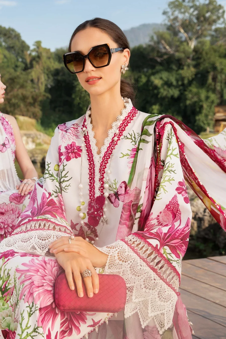 MPT-2510-A | White & Pink 3-PC Printed Lawn Suit with Embroidered Lace & Chiffon Dupatta