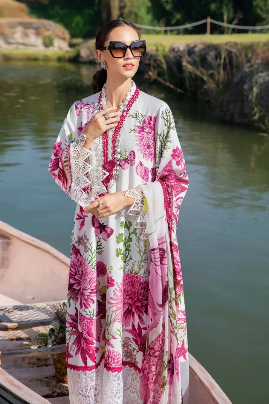 MPT-2510-A | White & Pink 3-PC Printed Lawn Suit with Embroidered Lace & Chiffon Dupatta