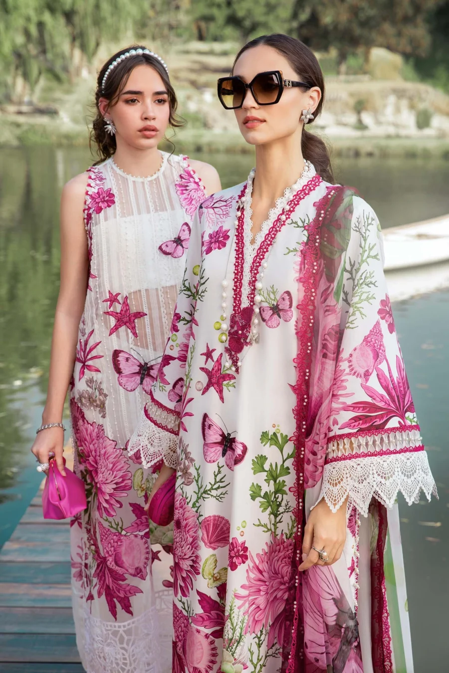 MPT-2510-A | White & Pink 3-PC Printed Lawn Suit with Embroidered Lace & Chiffon Dupatta
