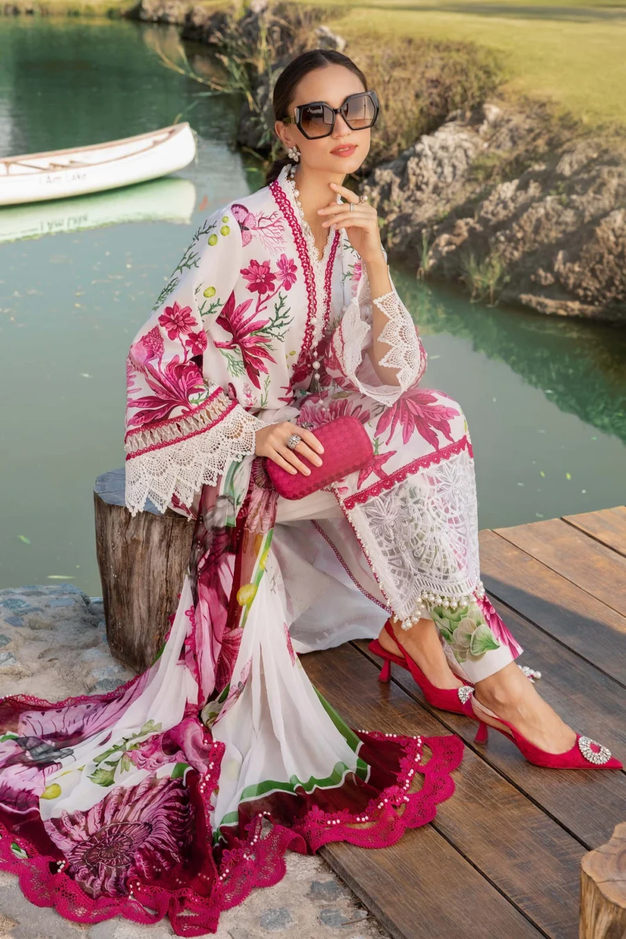 MPT-2510-A | White & Pink 3-PC Printed Lawn Suit with Embroidered Lace & Chiffon Dupatta