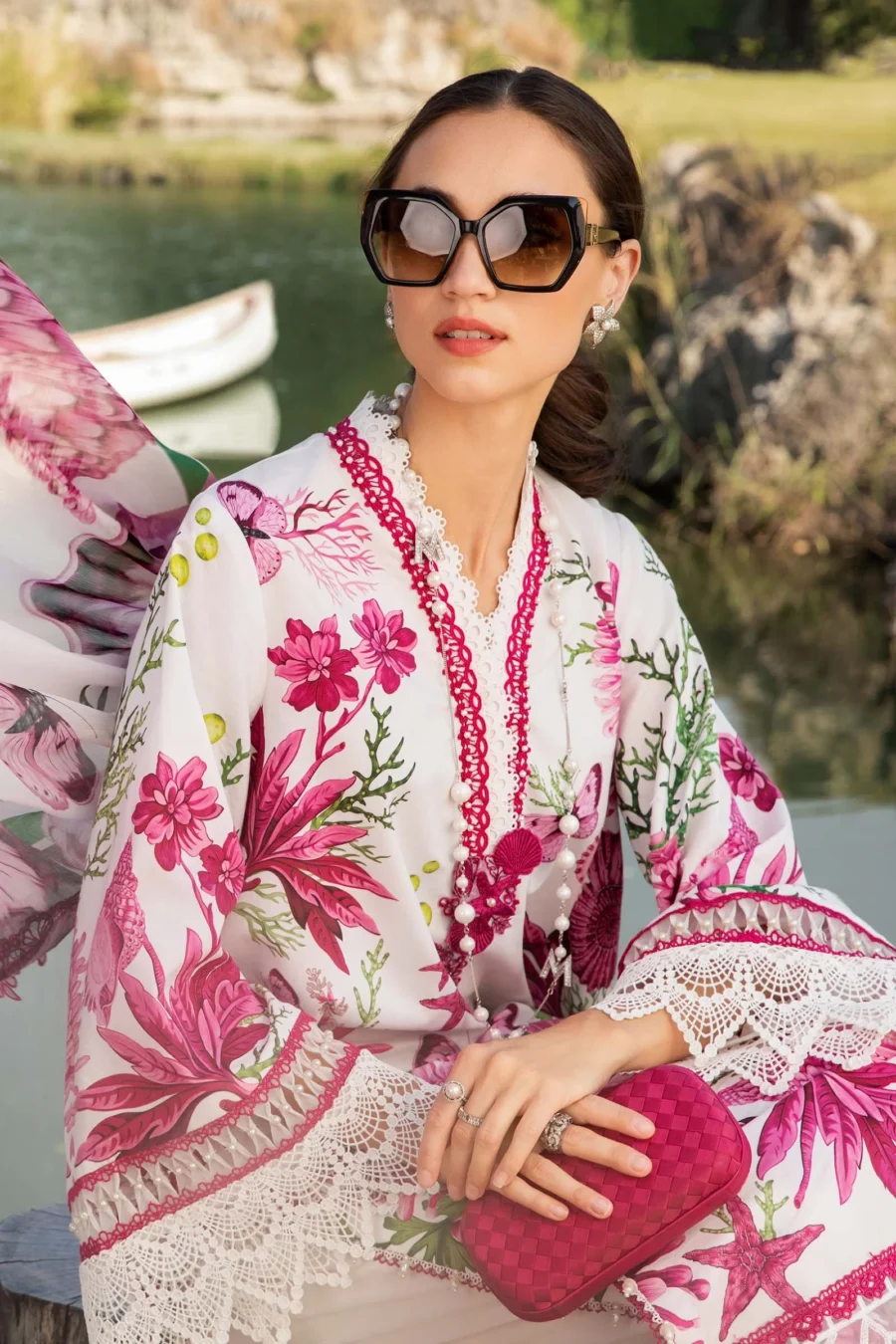 MPT-2510-A | White & Pink 3-PC Printed Lawn Suit with Embroidered Lace & Chiffon Dupatta