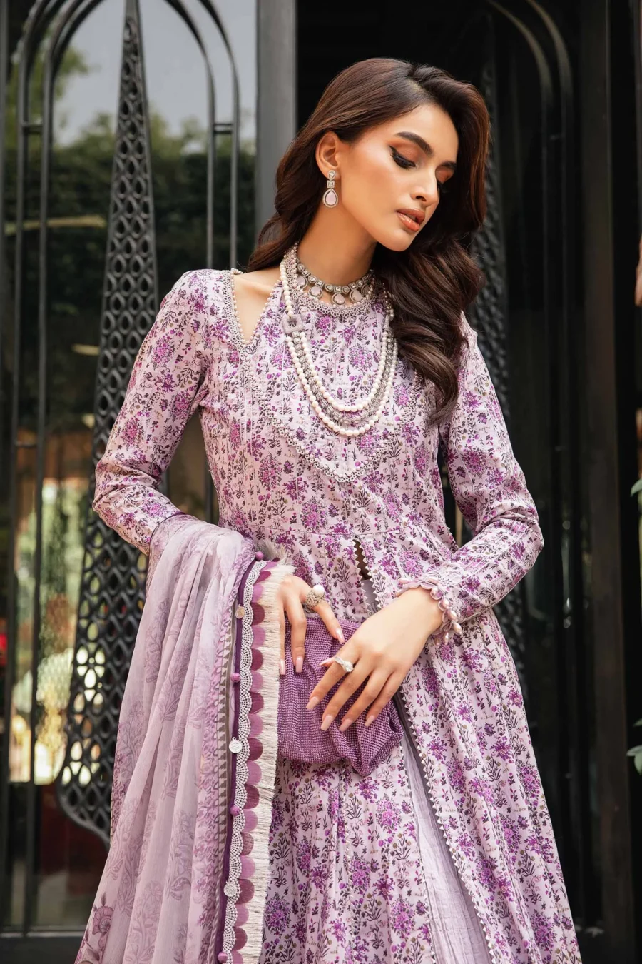 Lilac 3-Piece Unstitched Printed Lawn Suit with Embroidered Organza Lace & Chiffon Dupatta | MPT-2207-B