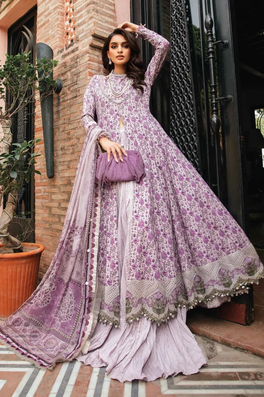 Lilac 3-Piece Unstitched Printed Lawn Suit with Embroidered Organza Lace & Chiffon Dupatta | MPT-2207-B