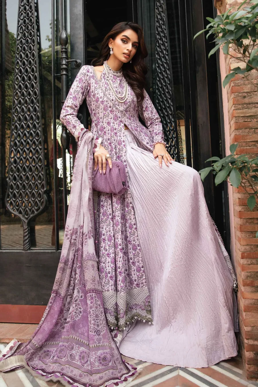 Lilac 3-Piece Unstitched Printed Lawn Suit with Embroidered Organza Lace & Chiffon Dupatta | MPT-2207-B