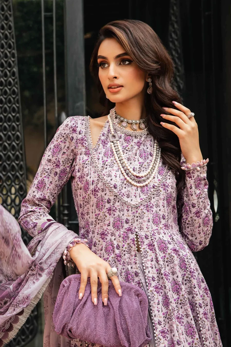 Lilac 3-Piece Unstitched Printed Lawn Suit with Embroidered Organza Lace & Chiffon Dupatta | MPT-2207-B