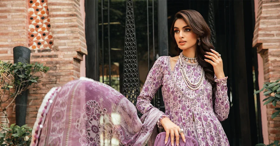 Lilac 3-Piece Unstitched Printed Lawn Suit with Embroidered Organza Lace & Chiffon Dupatta | MPT-2207-B